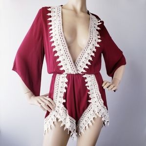 Letté Red & Off White Lace Deep V-Neck Romper